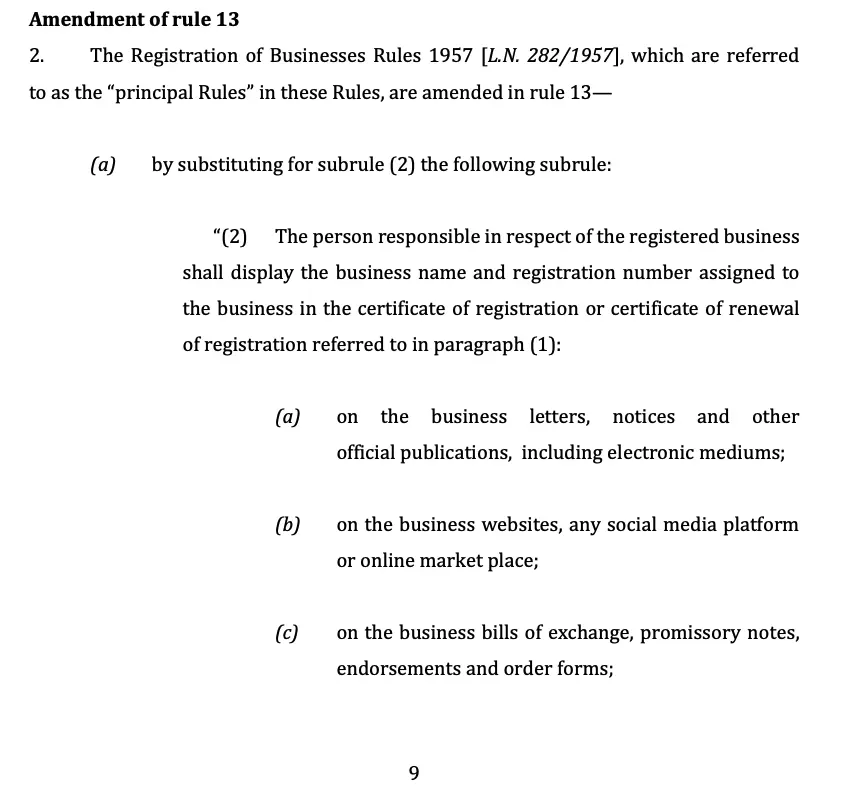 Amendment of Rule 13 P.U. (A) 140/2020 Registration of Business Amendment No.2 Rules 2020  